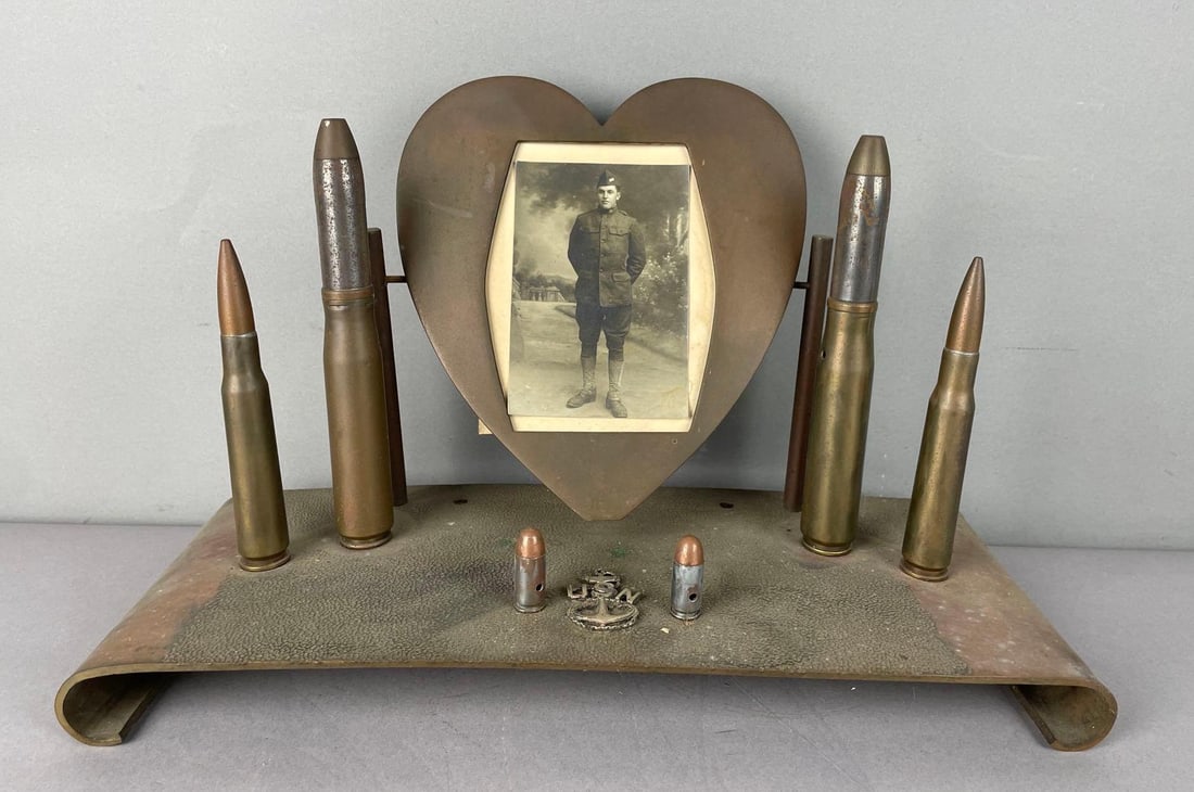 WW1 U.S. Navy Brass Trench Art Style Photo Frame: Includes soldier photo, measures 9 1/4 inches x 15 inches x 6 1/2 inches
