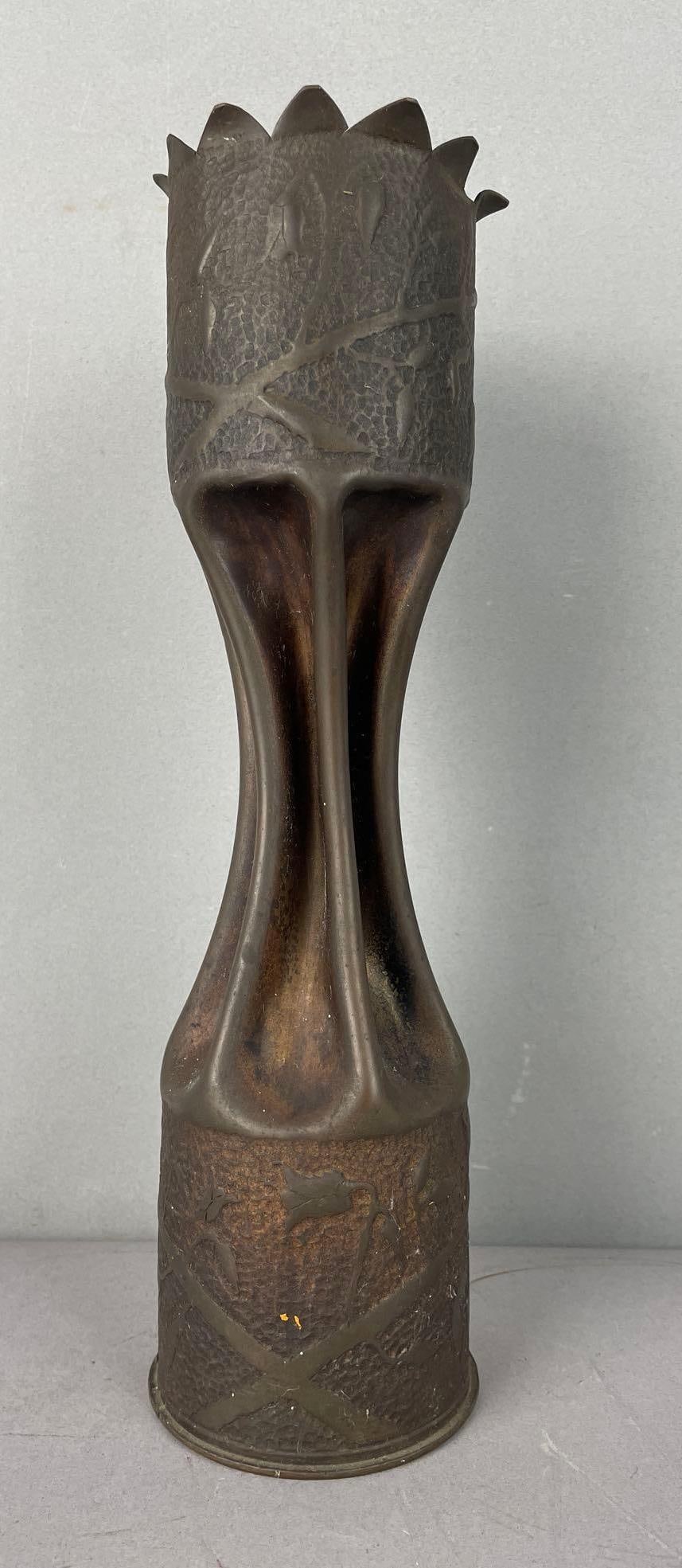 WW1 Trench Art Shell Vase: Measures 12 inches x 3 1/2 inches