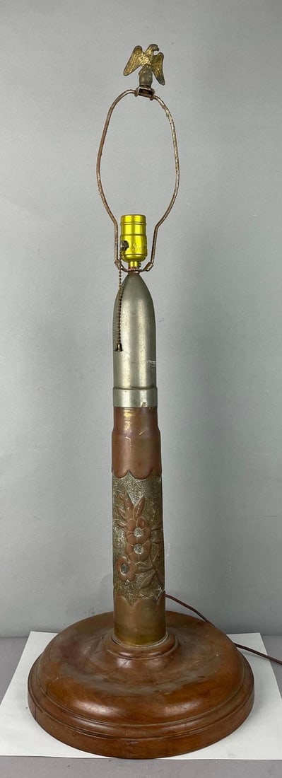 WW1 Era Trench Art Shell Table Lamp: Wood base, untested, tar like substance on base, measures 32 1/4 inches x 11 3/4 inches
