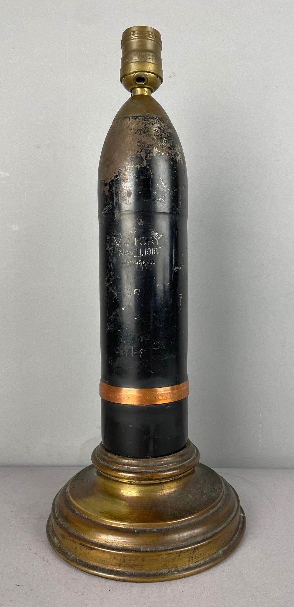 WW1 Victory Nov. 11, 1918 75mm Shell Lamp: Needs rewired, engraved copper band, measures 16 inches x 6 1/2 inches
