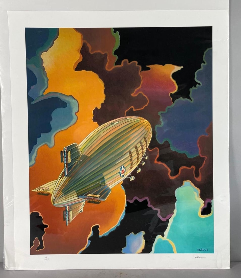 Artist Harcus Signed and Numbered Vintage Style Zeppelin Art Lithograph: Signed Harcus, # 15/300, print measures 34 inches x 28 3/4 inches