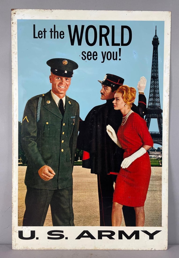 Vintage U.S. Army Recruitment Double Sided Metal Sign: Let the world see you - Paris, some rust and scratches, measures 38 inches x 25 inches