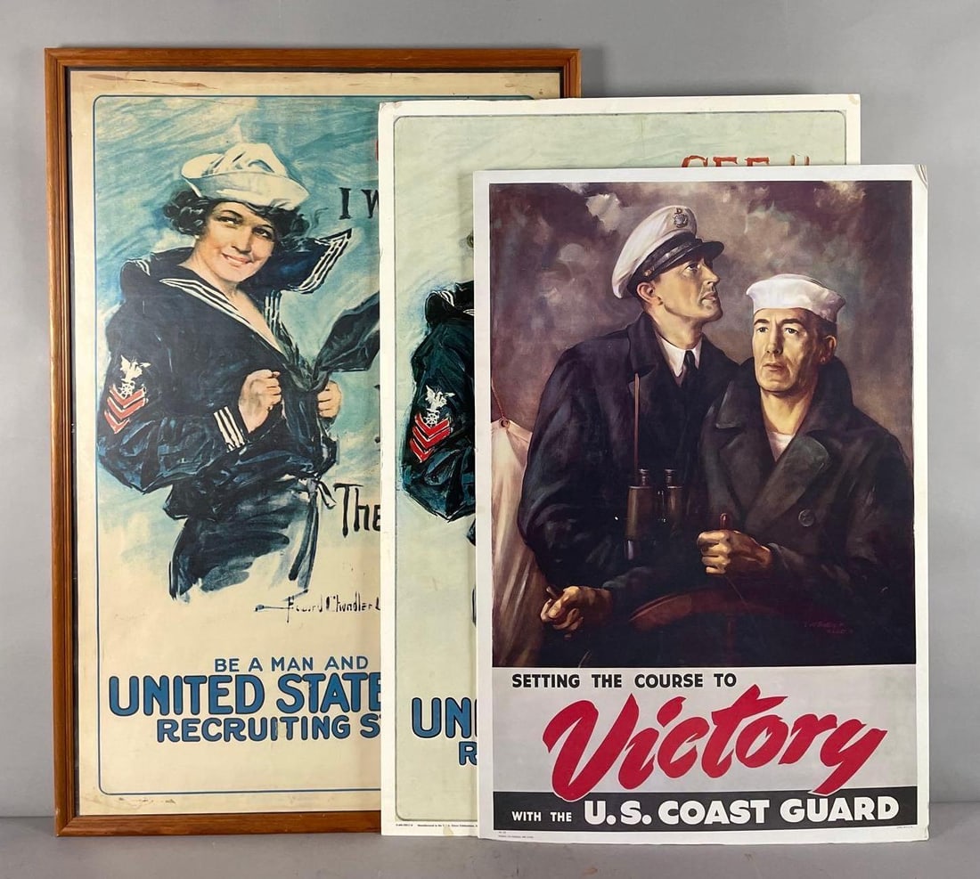 Group of 2 U.S. Navy Recruitment Signs: Includes vintage framed and reproduction I wish I were a man, reproduction coast guard, frame measures 37 inches x 25 inches