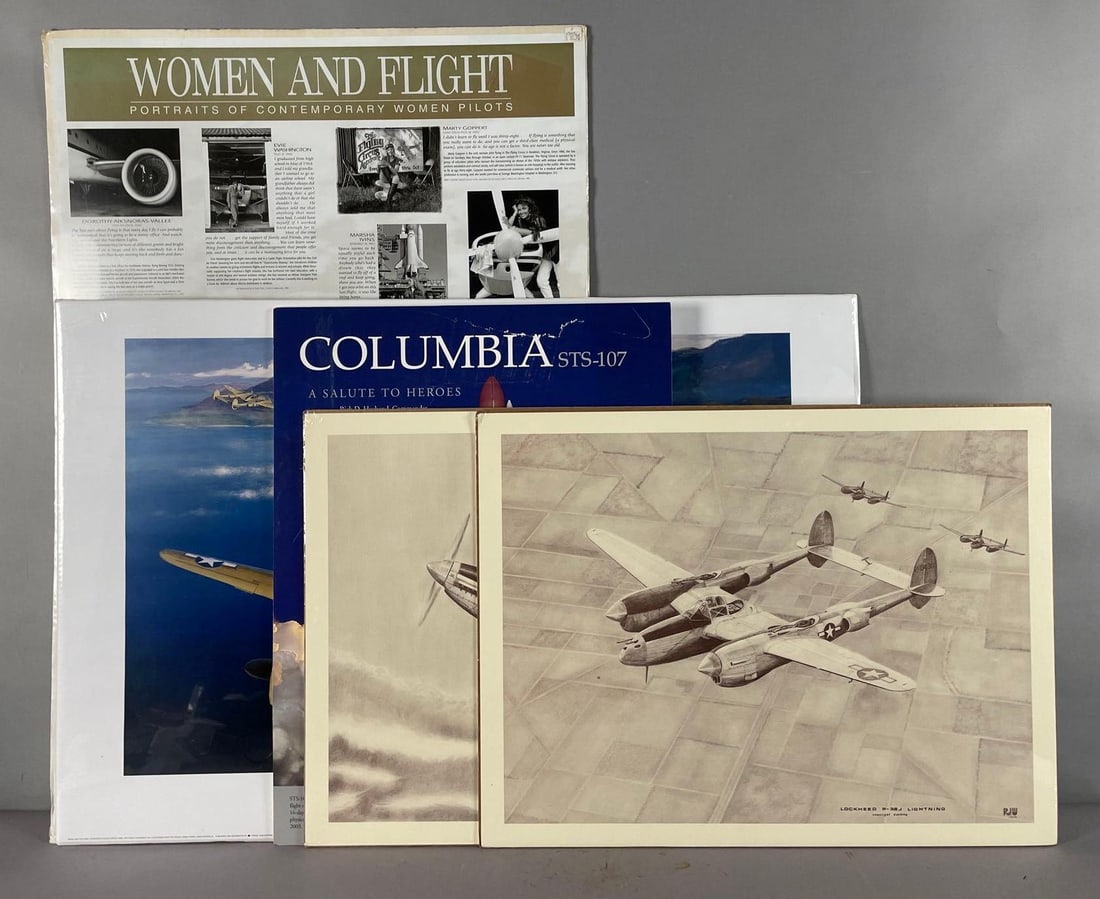 Group of Aviation Prints: Includes nasa Columbia shuttle, WW2 aircraft, largest measures 36 1/4 inches x 24 1/4 inches