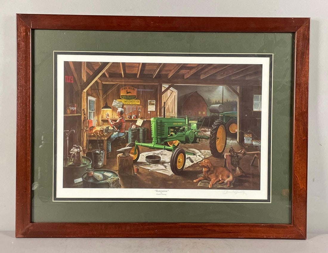 Charles Freitag Signed Restoration Art Print: John Deere tractor, frame measures 19 inches x 25 inches