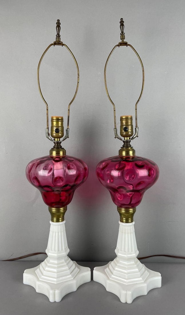 Pair of Victorian Style Cranberry Coin Dot / Milk Glass Table Lamps: Working condition, middle lights as well, each measure 27 inches at finial