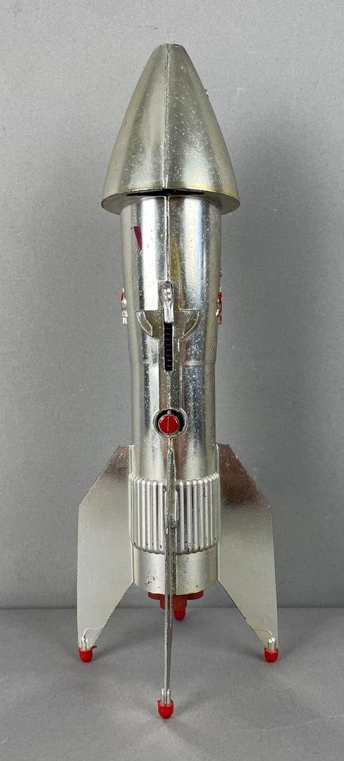 1957 Astro Chrome Rocket Mechanical Coin Bank: Berzac creation, working condition, measures 11 1/2 inches x 2 3/4 inches