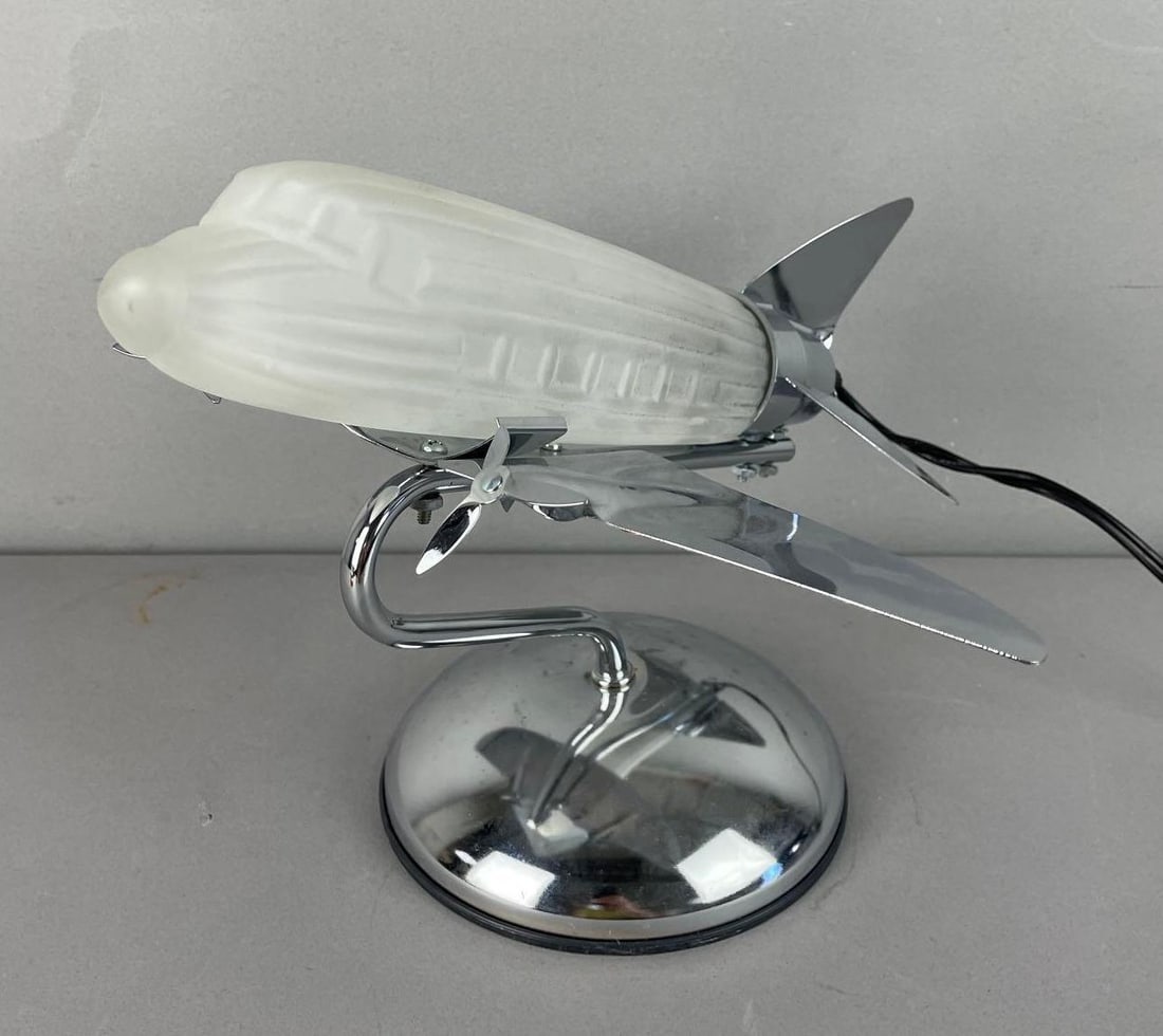 Modern Zappo Sarsaparilla Plane Art Deco Style Lamp: Working condition, frosted glass shade, 9 inches x 13 inches x 12 inches