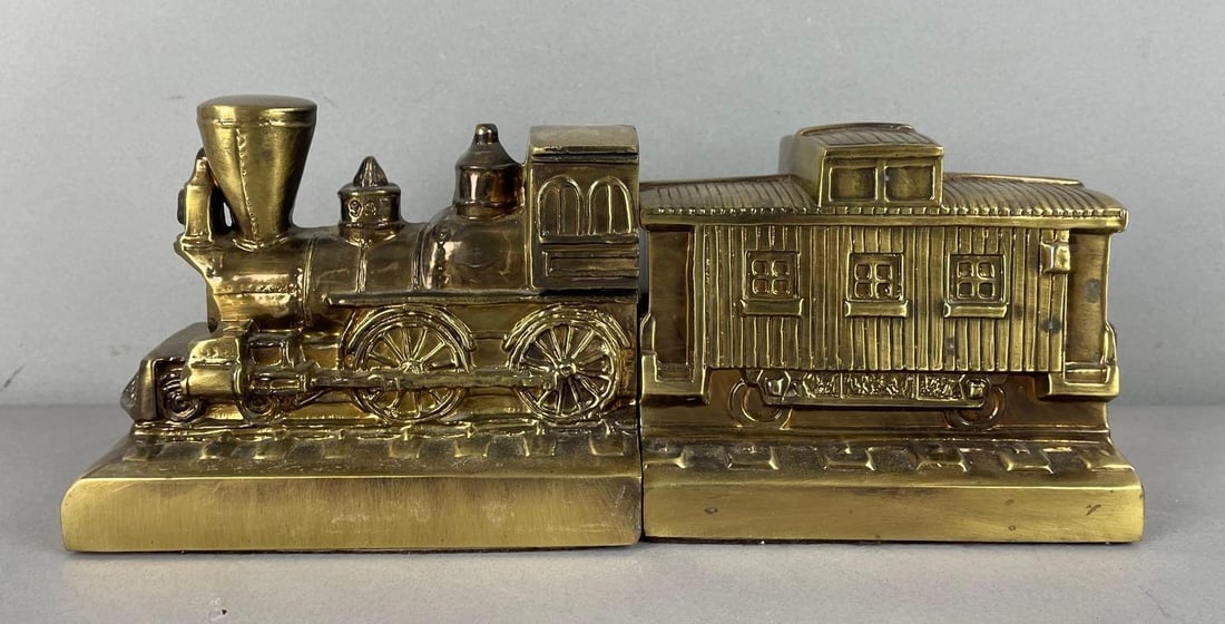 Pair of Vintage PM Craftsman Brass Locomotive and Caboose Bookends: Steam engine measures 5 inches x 6 1/4 inches x 3 3/4 inches