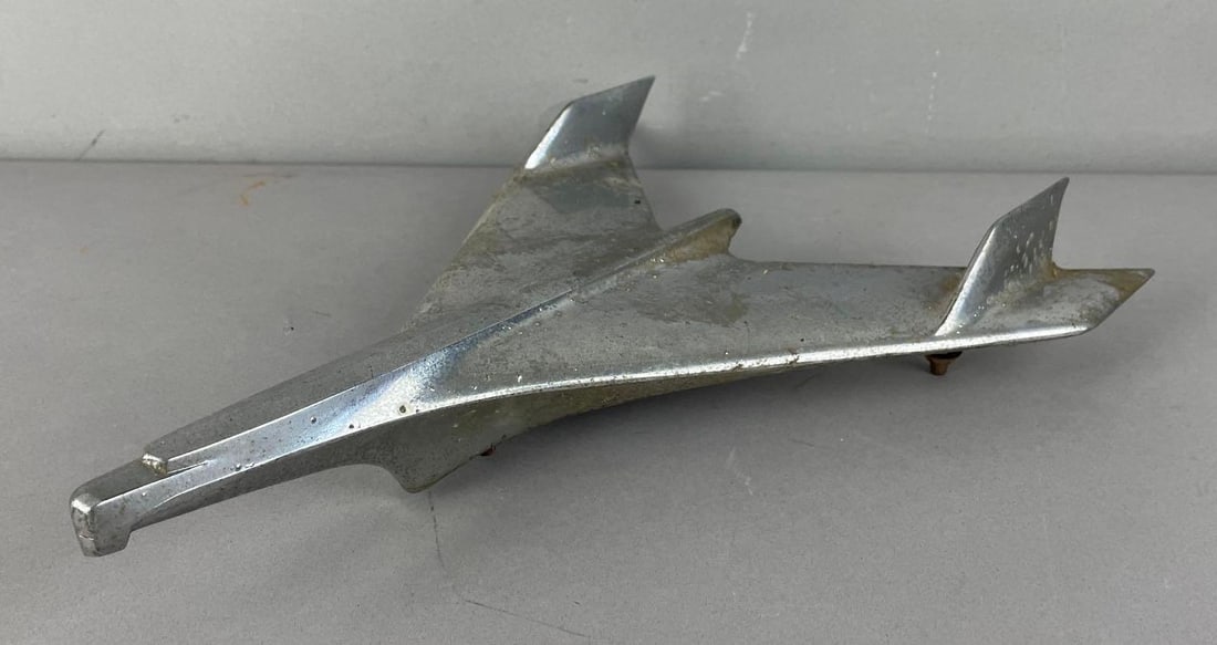 1955-1956 Chevrolet Bel Air Chrome Jet Airplane Hood Ornament: Measures 2 1/4 inches x 10 1/2 inches x 13 3/4 inches