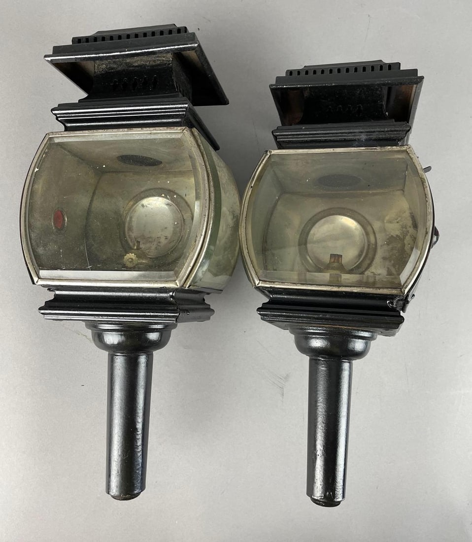 Pair of Antique Kerosene Carriage Lamps: Repainted, each measure 15 3/4 inches x 6 1/2 inches x 5 1/2 inches