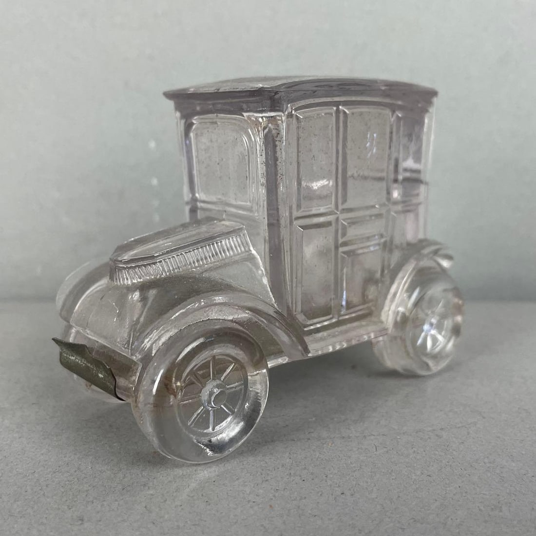 Antique Vail Brothers Electric Coupe Glass Candy Container: Measures 2 3/4 inches x 3 1/2 inches x 1 3/4 inches