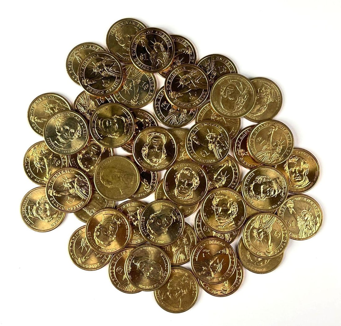 Group of 50 US Presidential Dollar Coins: Includes Millard Fillmore, Martin Van Buren, Zachary Taylor and More.