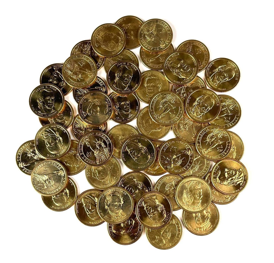 Group of 50 US Presidential Dollar Coins: Includes James K Polk, Andrew Johnson, James Buchanan and more.