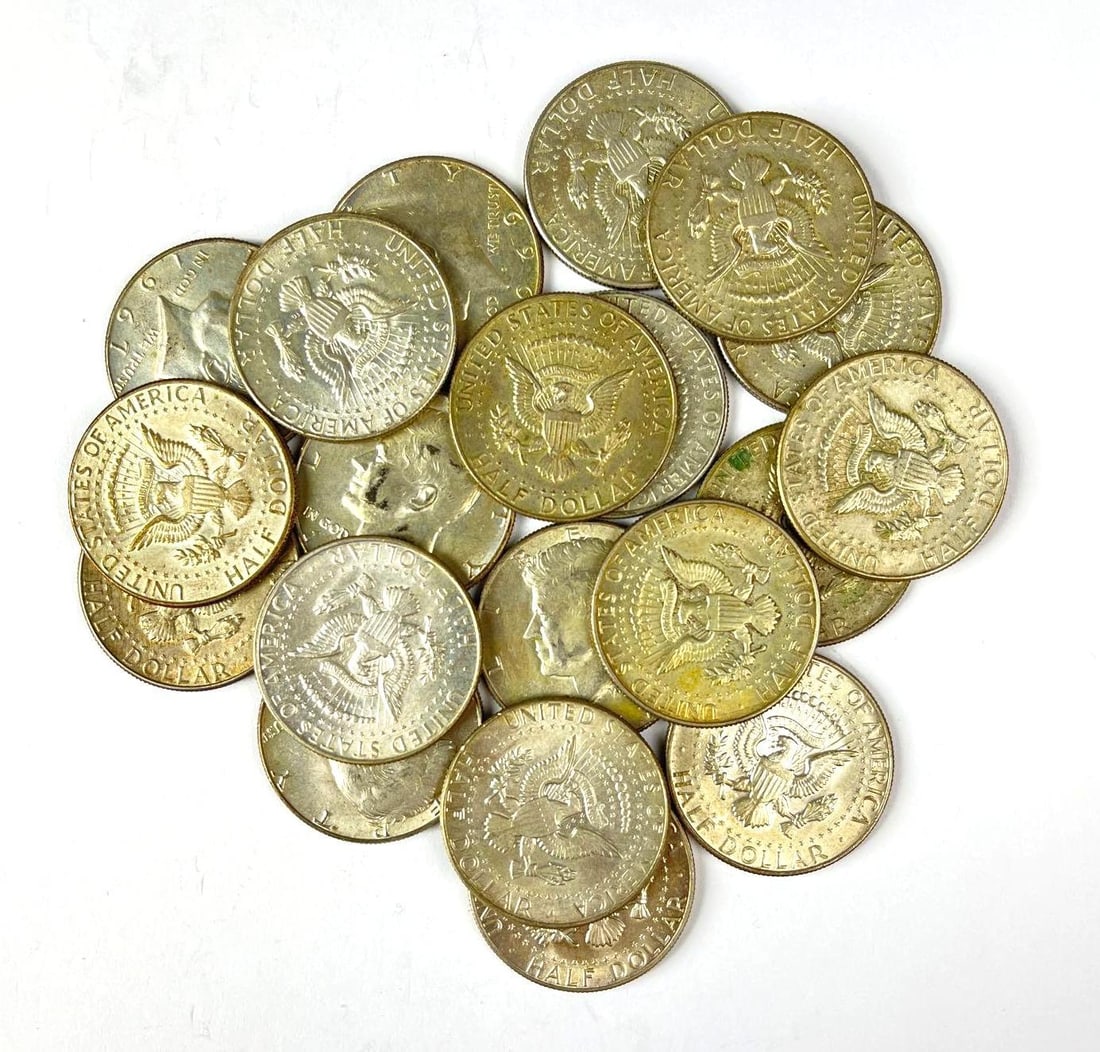 Group of 20 40% Silver US Kennedy Half Dollars: Includes years 1967, 1968, 1969 and more.
