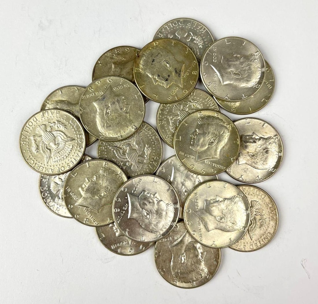 Group of 20 40% Silver US Kennedy Half Dollars: Includes years 1968, 1966, 1965 and more.
