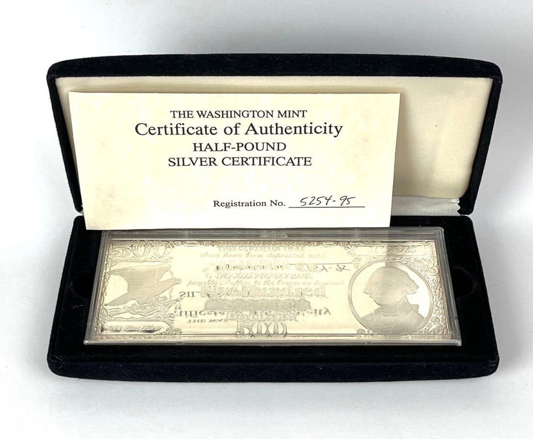1995 The Washington Mint $500 8 oz .999 Fine Silver Proof Certificate: Includes COA