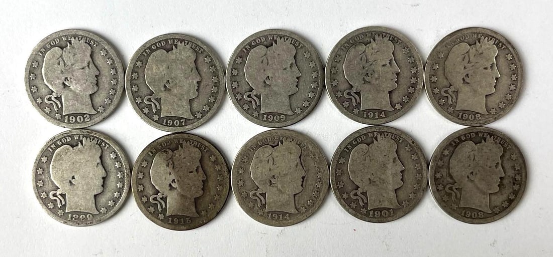 Group of 10 US Barber 90% Silver Quarters: Includes years 1902, 1907, 1899 and more.