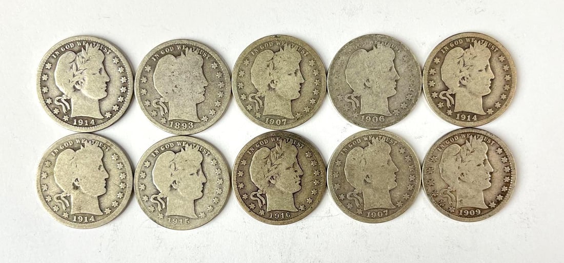 Group of 10 US Barber 90% Silver Quarters: Includes years 1914, 1909, 1893 and more.