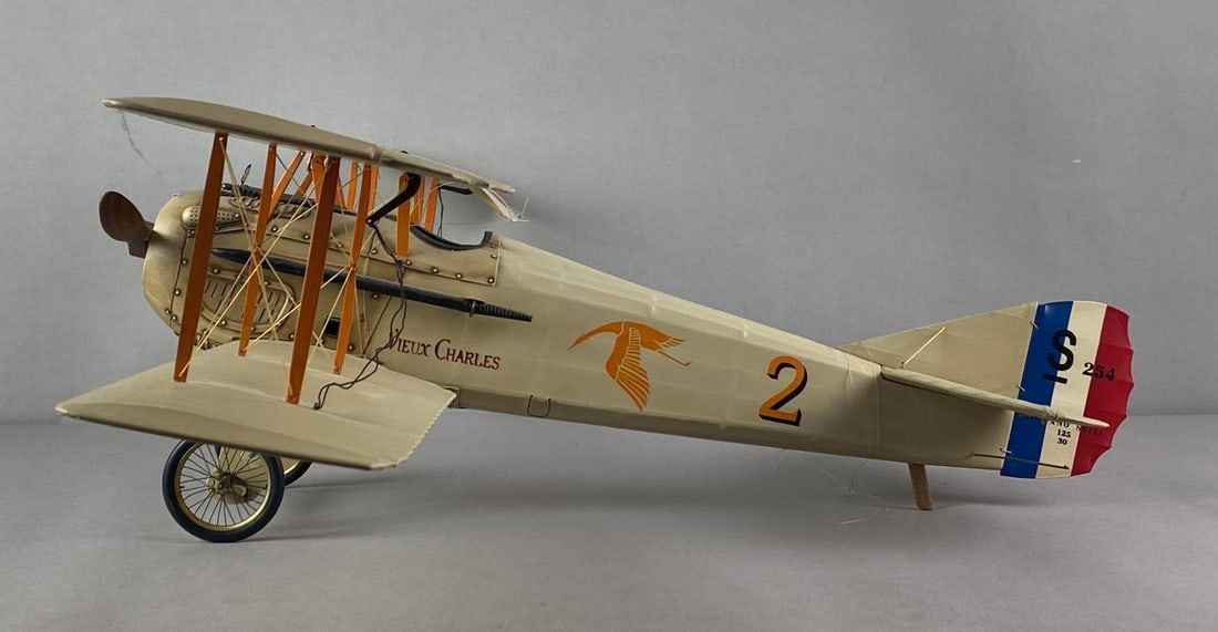 AM WWI French SPAD S.XIII Vieux Charles Wood Biplane Model: THIRD PARTY SHIPPING RECOMMENDED, Authentic Models, Large dent on front, front left wheel slightly loose, Measures 9 inches H x 29 inches W x 24 inches D