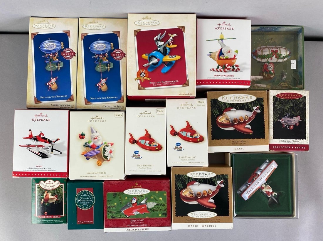Group of Assorted Hallmark Keepsake Aircraft Ornaments: Includes bugs Bunny, christmas santa claus and more
