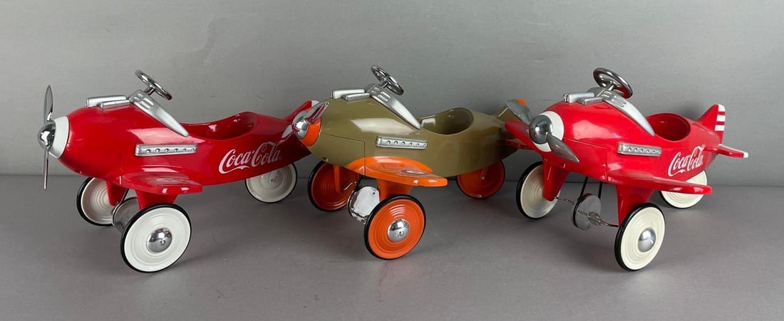 Group of 3 LE Xonex Ken Kovach Die-Cast Airplane Pedal Cars: Limited edition of 10,000, includes Coca-Cola planes, spitfire. Each measure 7 inches x 9 1/2 inches x 12 1/4 inches
