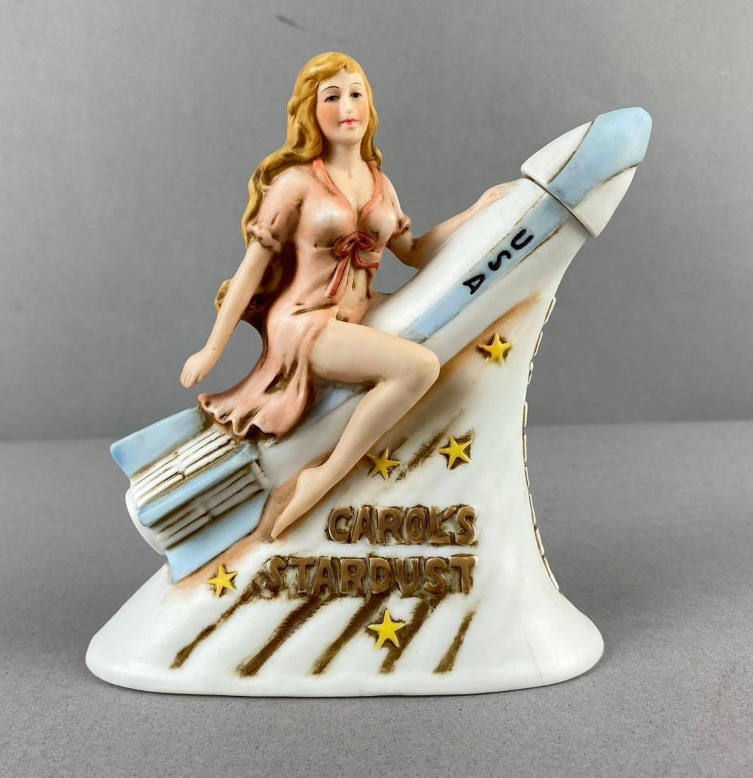 1981 Carols Stardust Promotional Porcelain Decanter: Measure H 5 x W 2 x L 5 inches.
