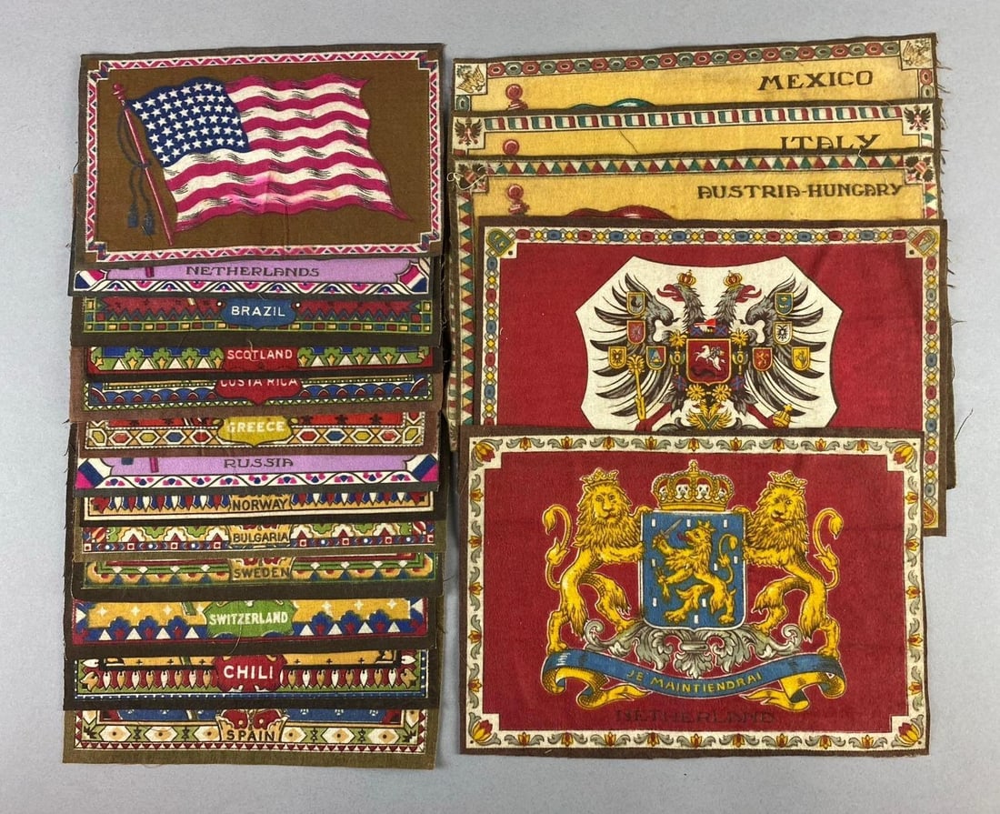 Group of Assorted Tobacco Felt International Flags: Includes many countries. Largest measure L 11 x W 7 inches.