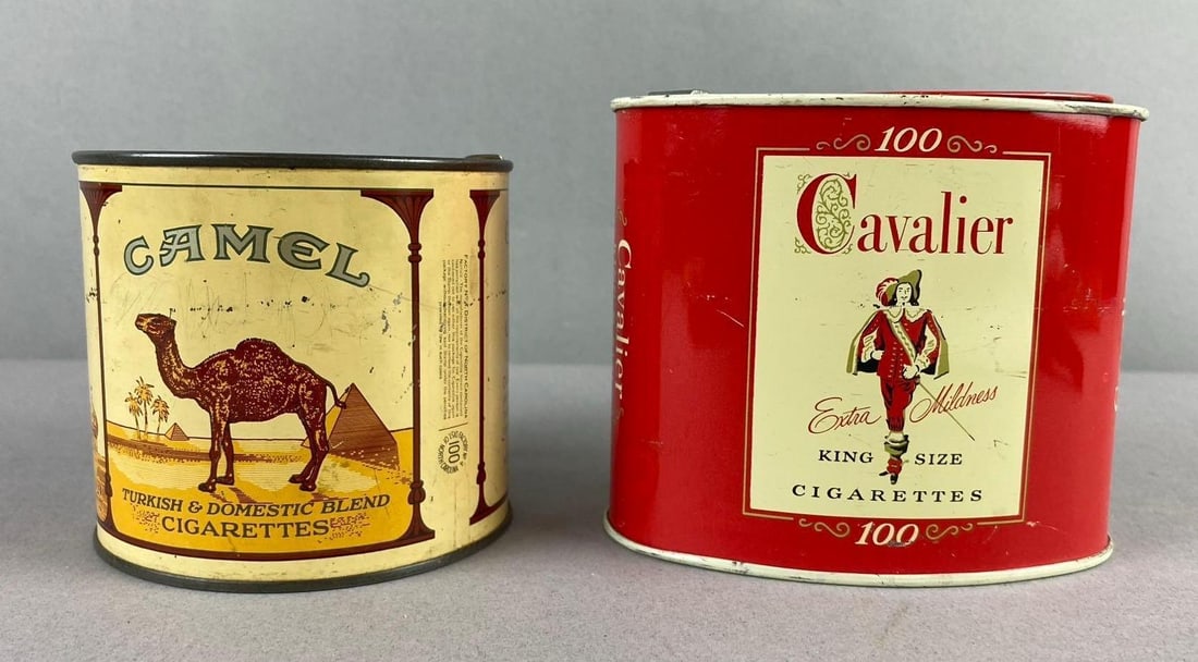 Group of 2 Vintage 1950s Cigarette Tins Filled With Buttons: includes Camel and Cavalier tins. Largest measures 4 inches tall.