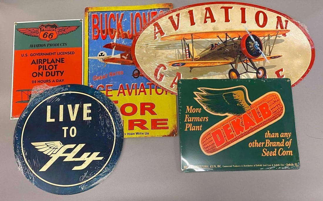 Group of 5 Modern Enamel Porcelain Aviation Advertising Signs and More: Includes Dekalb, Aviation Gasoline, and more. Largest measure L 24 x W 14 inches.