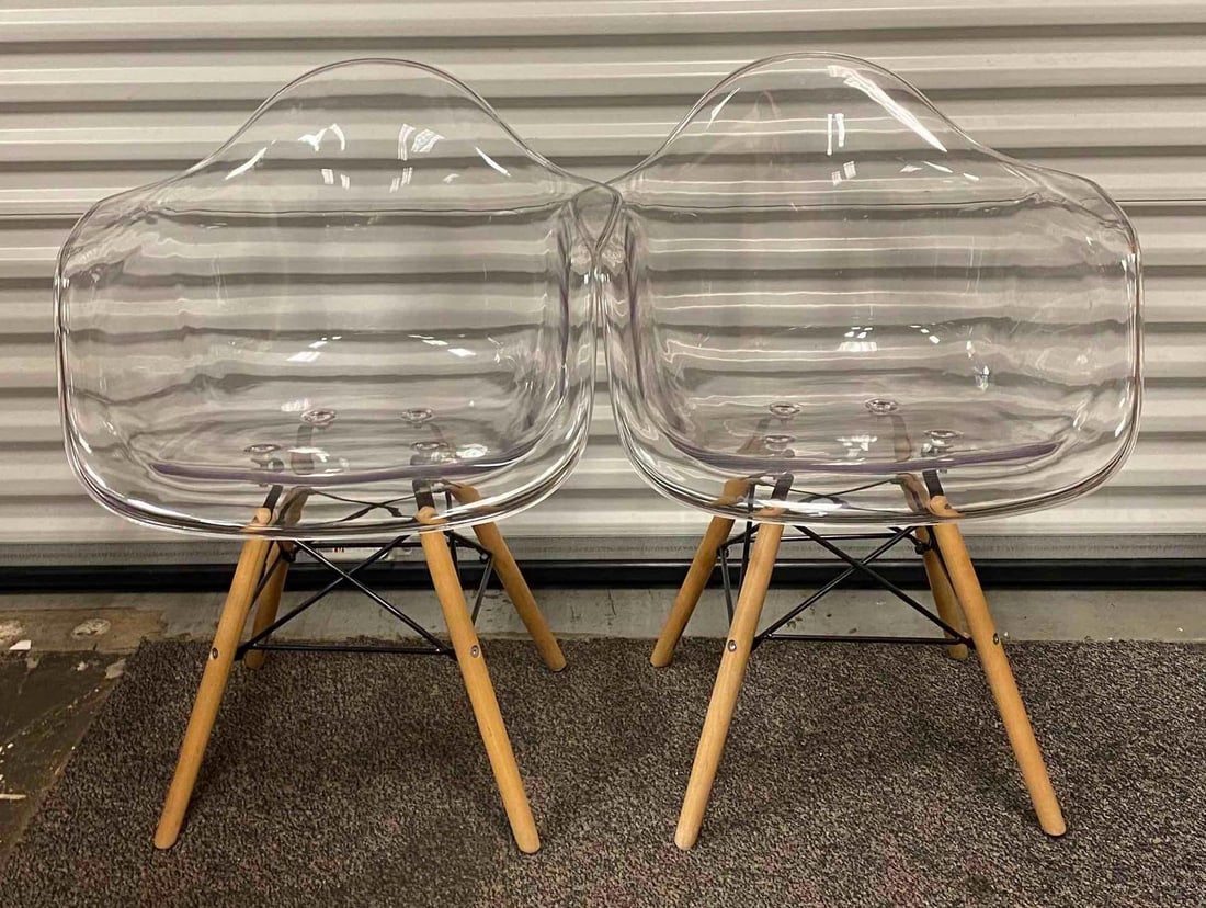 Group of 2 Clear Acrylic Eiffel Chairs: One measure 32 1/2 inches tall. No in house Shipping. Third party recommended