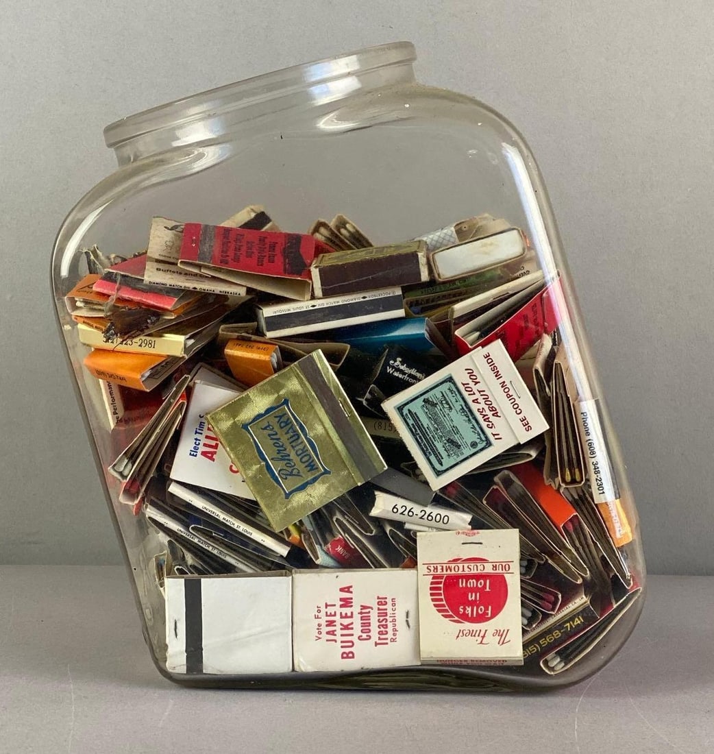 Glass Jar of Assorted Advertising Matchbooks: Jar Measures 10 inches H x 5 1/2 inches W x 9 inches D