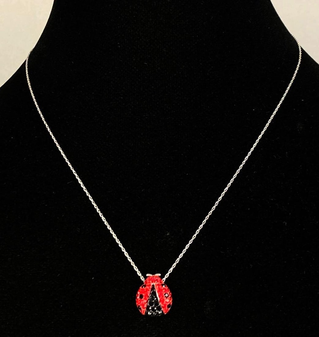 Signed Diamond Luxe Sterling Silver Chain Necklace with Swarovski Ladybug Pendant: In original box, chain measures 16 inches in length
