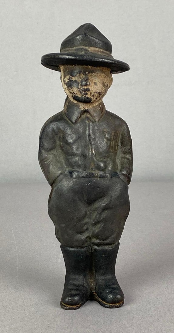 Vintage Cast Iron Boy Scout / Dough Boy Coin Bank: Measures 7 inches H x 2 1/2 inches W x 2 inches D