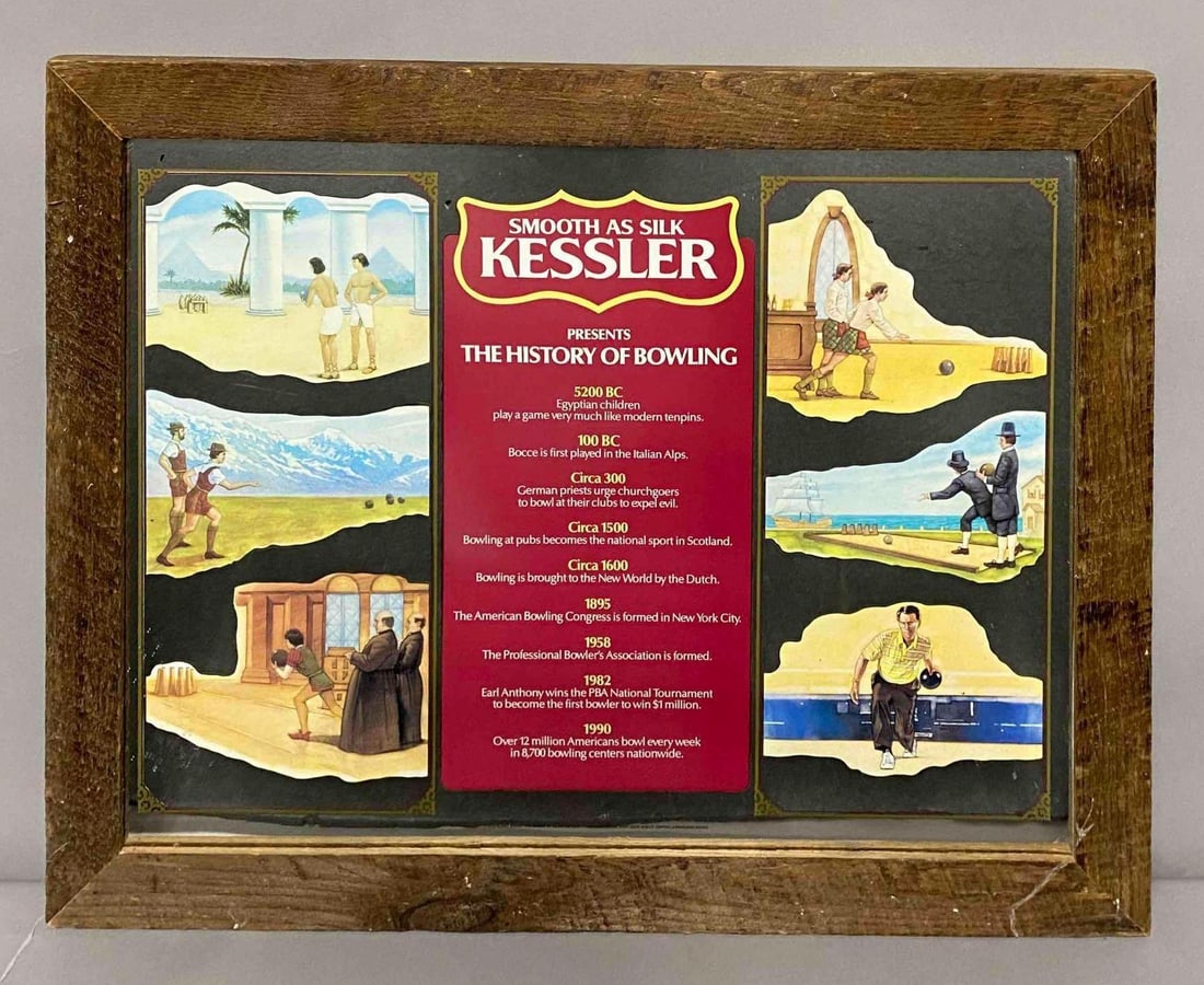 Vintage Kessler ?Smooth as Silk? Advertising Bar Mirror: History of bowling themed. Measures L 27 x W 21 inches.