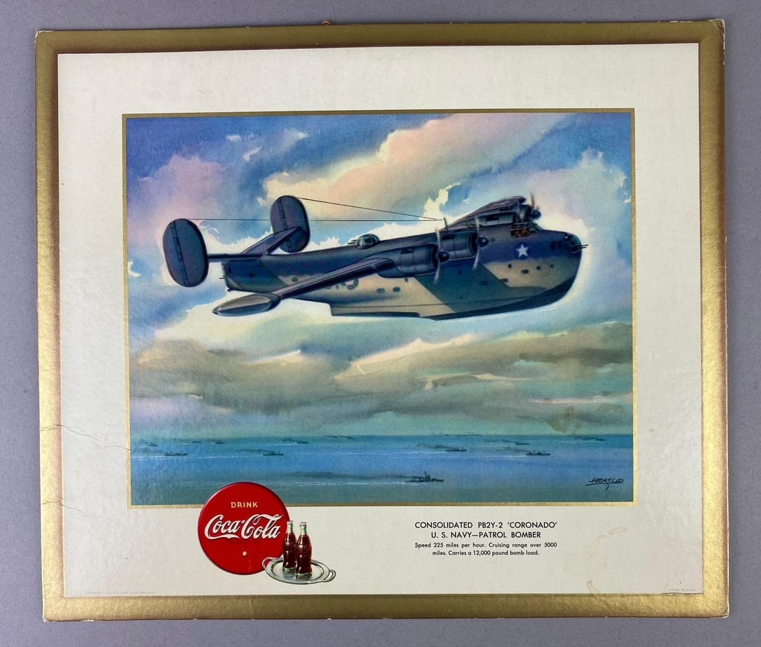 1943 Coca-Cola Coronado US Navy Patrol Bomber Advertising Cardboard Sign: Measure L 15 x W 13 inches. new old stock