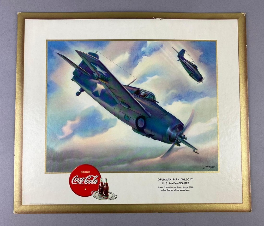 1943 Coca-Cola Wildcat US Navy Fighter Advertising Cardboard Sign: Measure L 15 x W 13 inches. New old stock