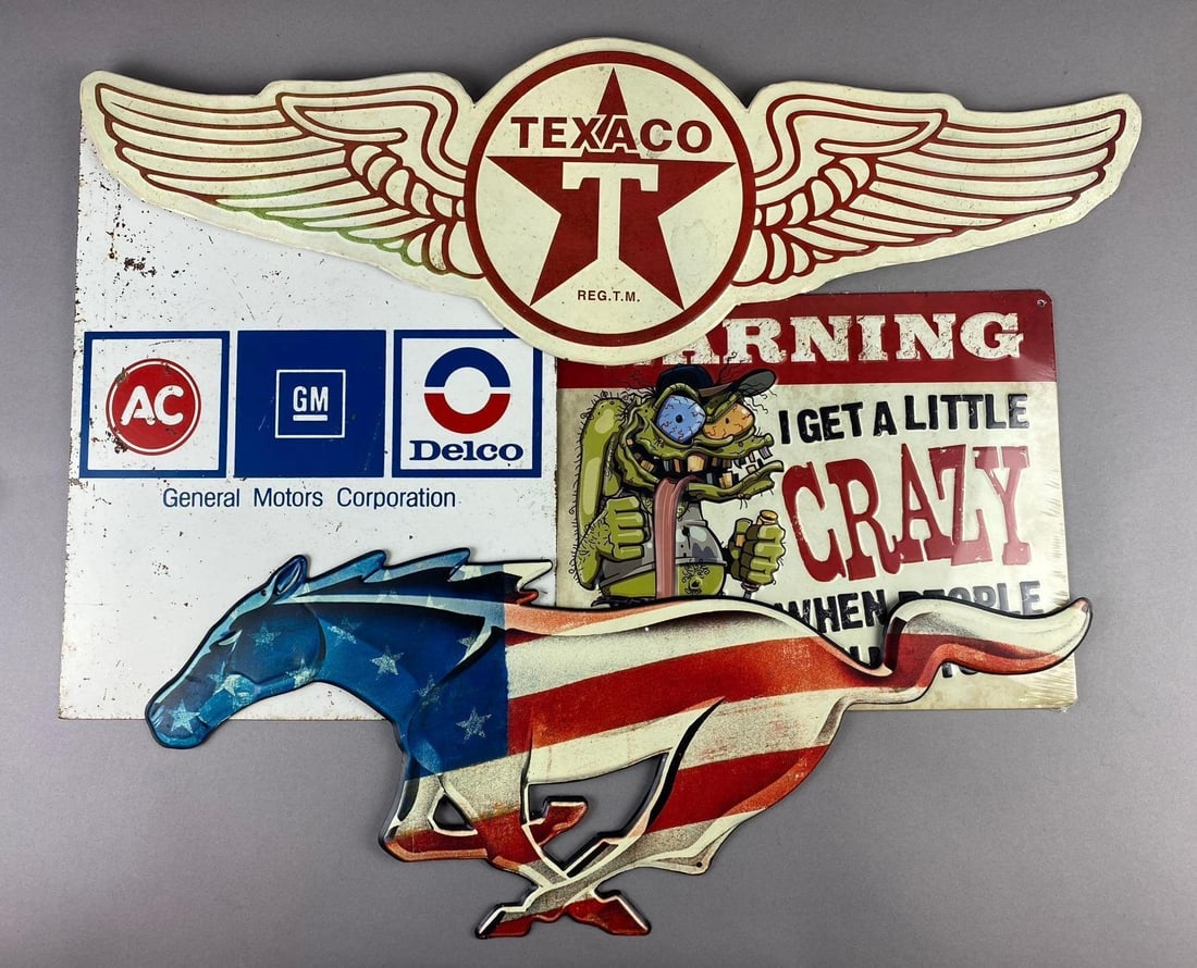 Group of 4 Modern Advertising Signs and More: Includes Texaco, Colt, and more. Largest measures L 27 x W 9 inches.