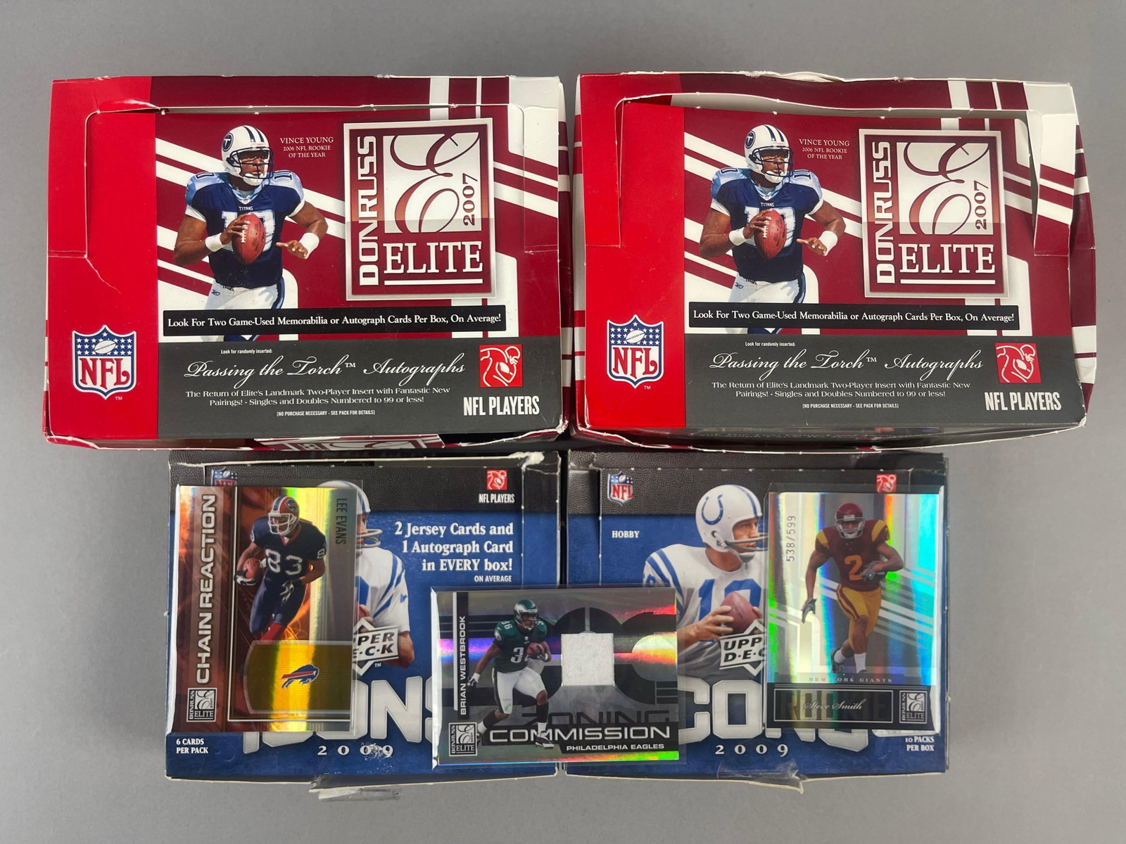 250+ 2007 and 09 Donruss and Upper Deck Football Cards with Serial Numbered Cards: Includes Lee Evans #CR-4, 700/1000, Brain Westbrook Jersey #ZC-33, 41/175, Steve Smith #189, 533/599