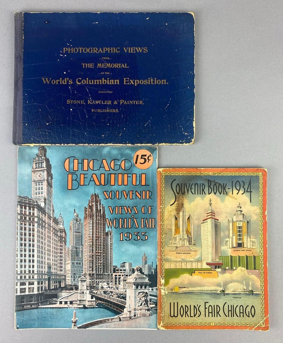 Group of 3 Antique 1934 Chicago World Fair ?A Century of Progress? Souvenir Books and More: Includes 1898 World Columbian Exposition Has rips and tears throughout. Largest measures L 11 x W 8 1/2 inches.