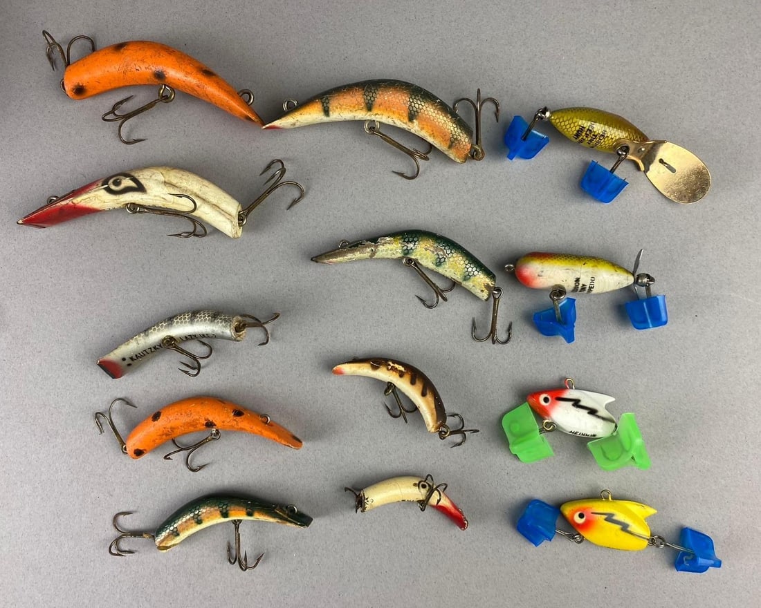 Group of Assorted Vintage Lazy Ike Fishing Lures and More: Includes Vintage Heddon Lure. Largest measures 3 inches in length.