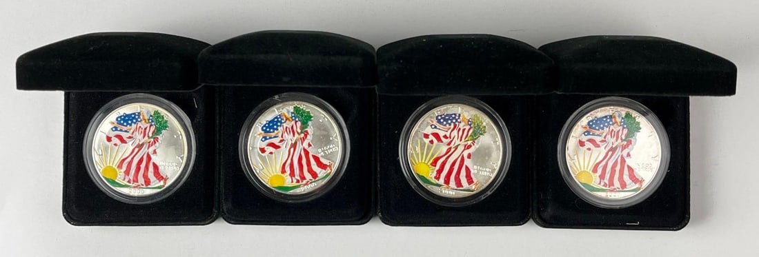 Group of 4 The Morgan Mint 2000 Colorized American Silver Eagle 1 oz Fine Silver Coins: Group of 4 The Morgan Mint 2000 Colorized American Silver Eagle 1 oz Fine Silver Coins