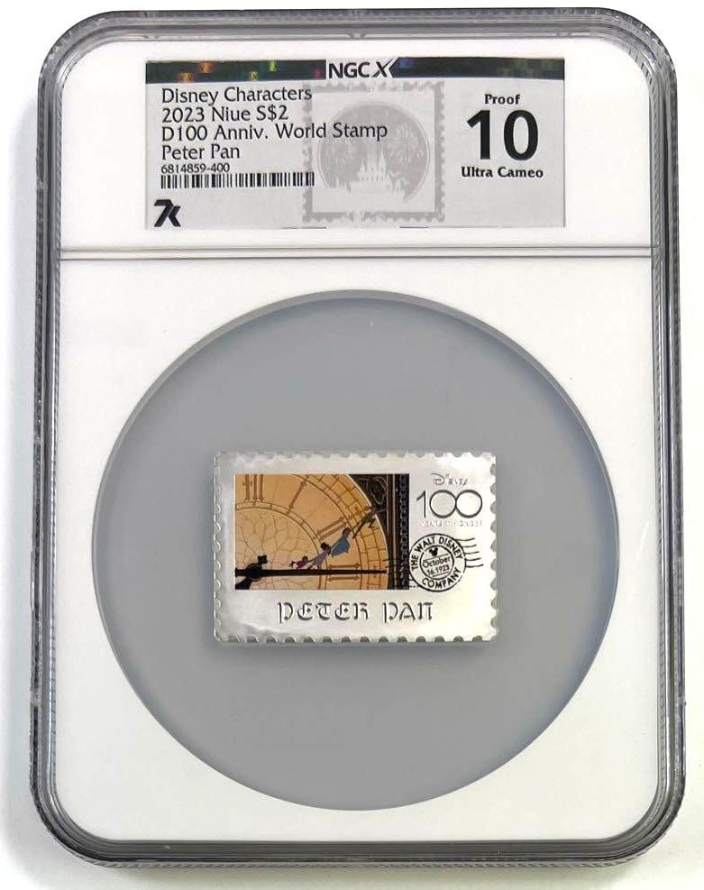 2023 Niue Disney 100 Peter Pan World Stamp 1 oz .999 Fine Silver Proof 10 UC: 2023 Niue $2 Disney 100 Anniversary World Stamp Series Peter Pan coin graded Proof 10 Ultra Cameo by NGCX. This special Disney commemorative issue celebrates the 100th anniversary of The Walt Disney C