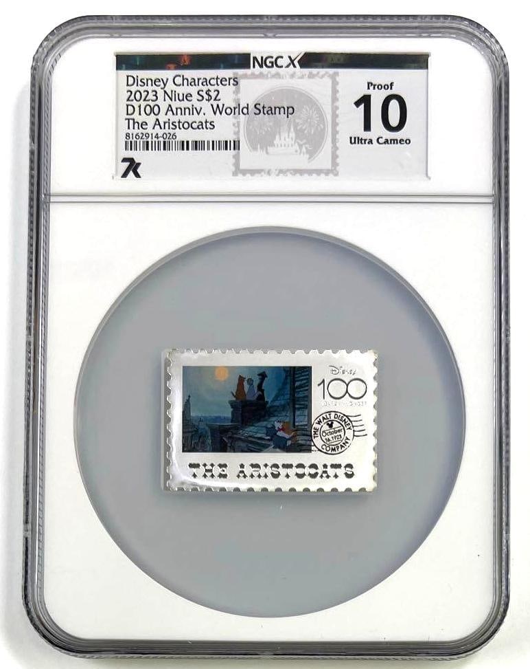 2023 Niue Disney 100 Aristocats World Stamp 1 oz .999 Fine Silver Proof 10 UC: 2023 Niue $2 Disney 100 Anniversary World Stamp Series Aristocats coin graded Proof 10 Ultra Cameo by NGCX. This special Disney commemorative issue celebrates the 100th anniversary of The Walt Disney 