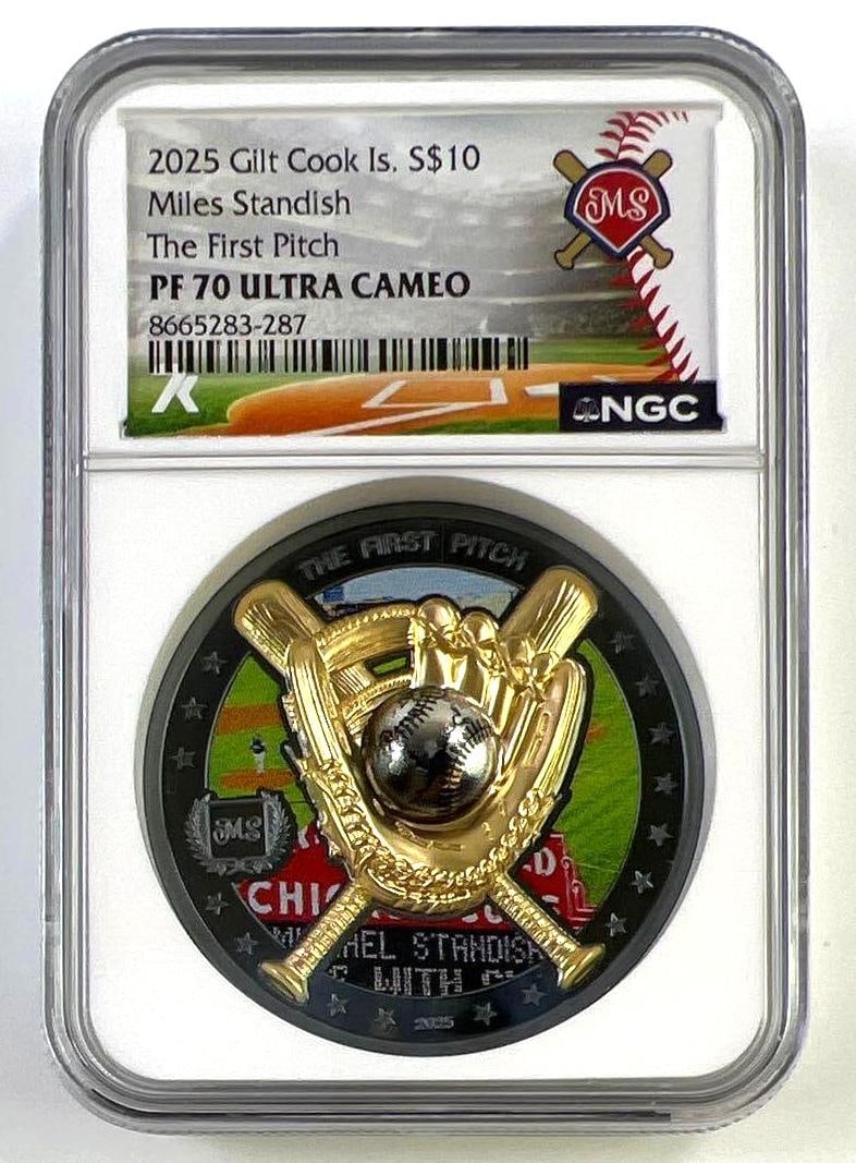 2025 Cook Islands Miles Standish The First Pitch 2 oz .9999 Fine Silver PF70 UCAM: 2025 Cook Islands $10 "The First Pitch" coin designed in honor of renowned numismatist Miles Standish, graded a perfect PF70 Ultra Cameo by NGC. This impressive baseball-themed commemorative c