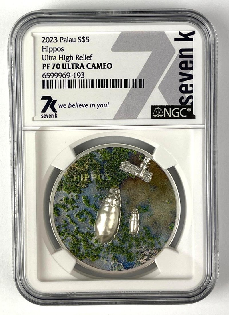 2023 Palau Hippos 1 oz .999 Fine Silver Ultra High Relief PF70 UCAM (1 of 4)