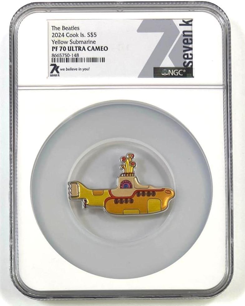 2024 Cook Islands $5 The Beatles Yellow Submarine NGC PF70 Ultra Cameo 1 oz .9999 Fine Silver Coin: Celebrate one of the most iconic images in music history with this 2024 Cook Islands $5 The Beatles Yellow Submarine coin, certified NGC PF70 Ultra Cameo. Struck from 1 troy ounce of .9999 fine silver