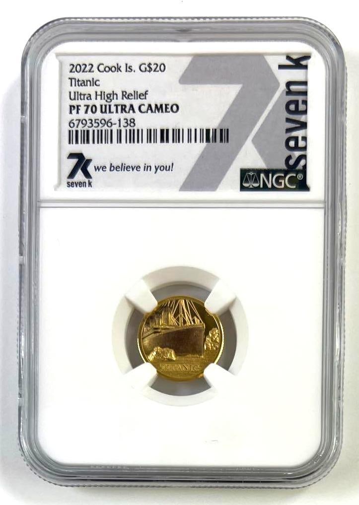 2022 Cook Islands 1/10 oz .9999 Fine Gold $20 Titanic Ultra High Relief NGC PF70 Ultra Cameo Proof: Exceptional 2022 Cook Islands $20 "Titanic" 1/10 oz .9999 fine gold proof coin, certified a flawless NGC PF70 Ultra Cameo. Struck by the Mayer Mint with an impressive Ultra High Relie