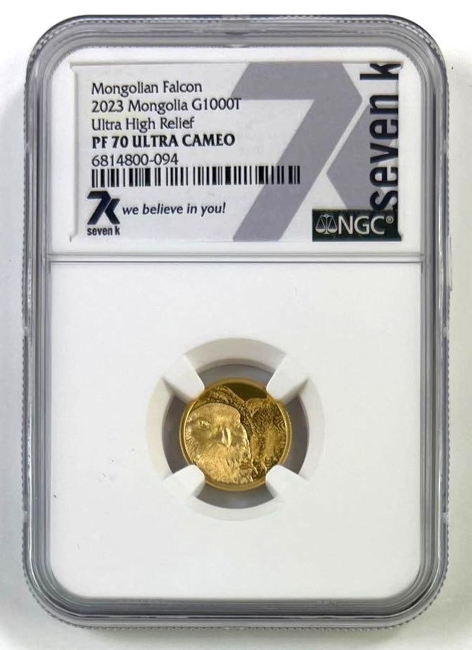 2023 Mongolia 1/10 oz .9999 Fine Gold 1000 Togrog Mongolian Falcon Ultra High Relief NGC PF70 Ultra: Outstanding 2023 Mongolia 1000 Togrog "Mongolian Falcon" 1/10 oz .9999 fine gold proof coin, certified a flawless NGC PF70 Ultra Cameo. Struck by the Mayer Mint, this beautif