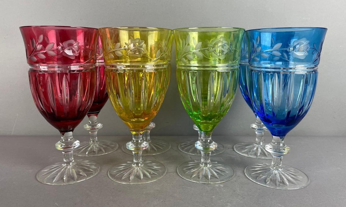Group of Ajka Crystal Cut to Clear Colored Floral Goblets (1 of 2)
